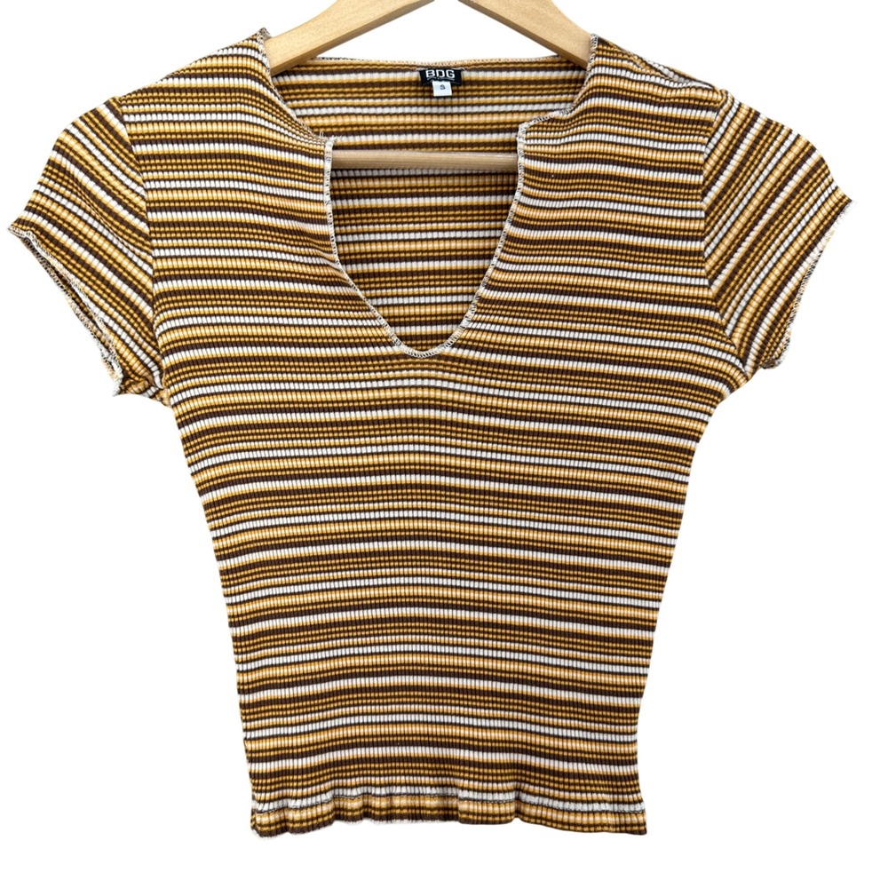 BDG Urban Outfitters 90s Inspired Brown Striped Ribbed Notched V-Neck Top Small
